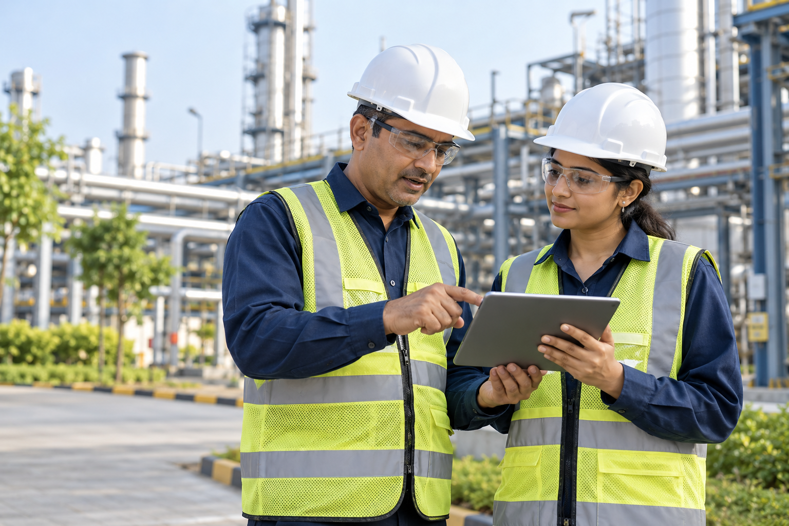 Safety consultants reviewing a plan at an industrial site