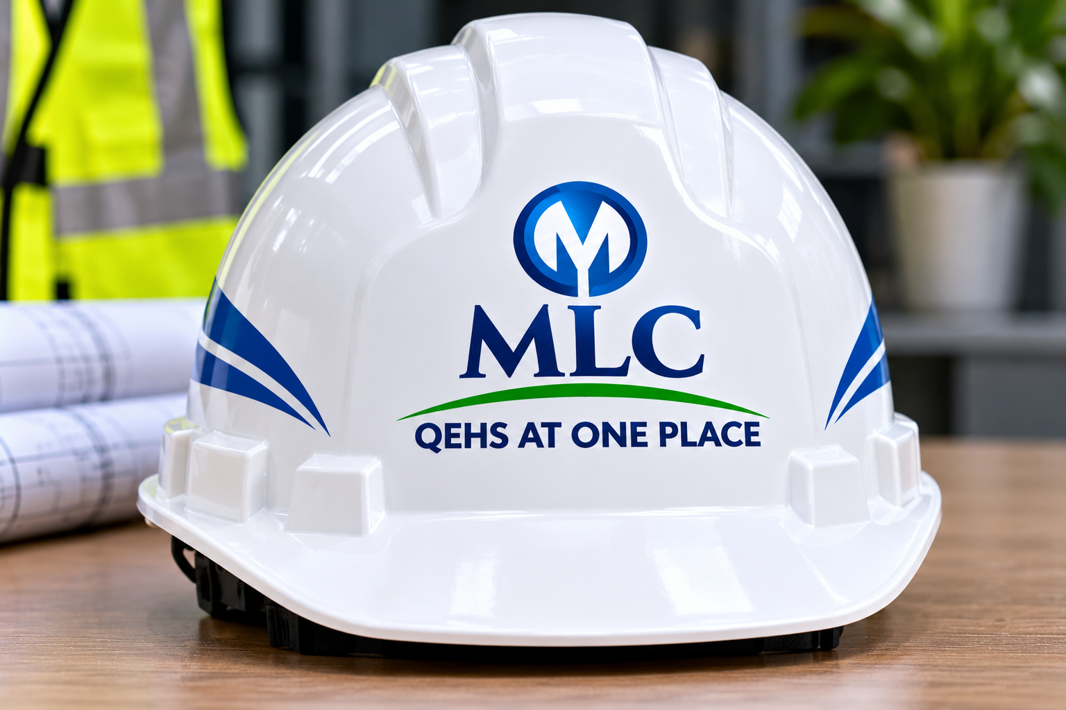Branded White Safety Helmet on Worktable