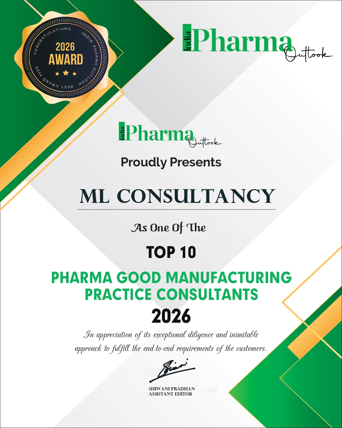 India Pharma Outlook 2026 recognition certificate for ML Consultancy