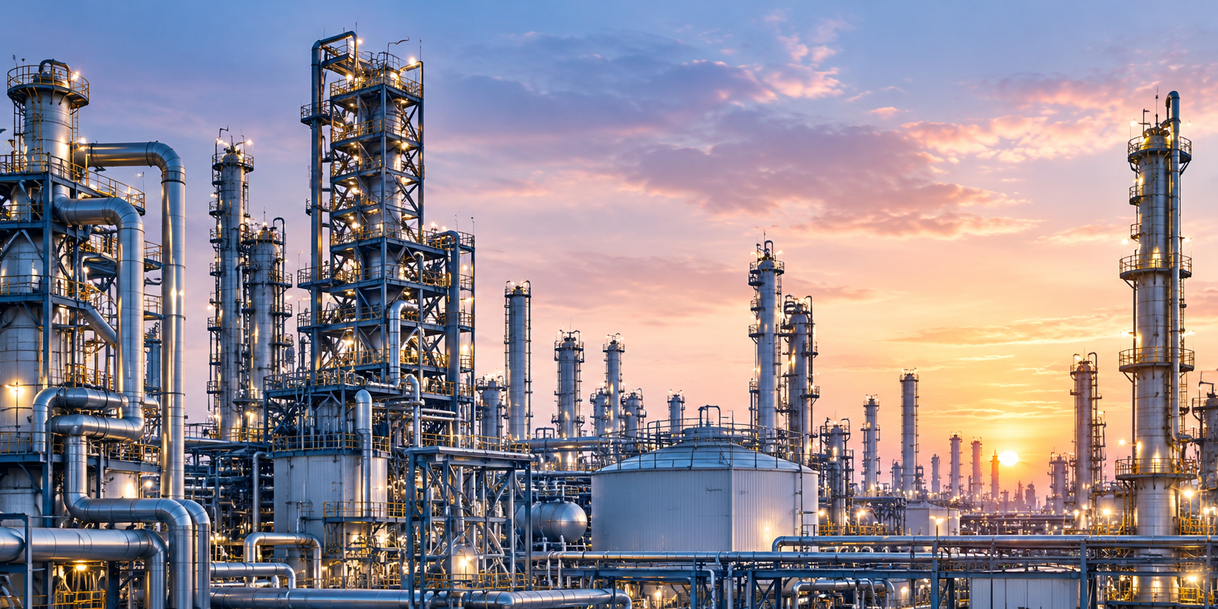 Golden-Hour Refinery Panorama
