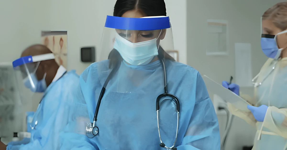 Medical staff in gowns, face shields and masks working in a hospital
