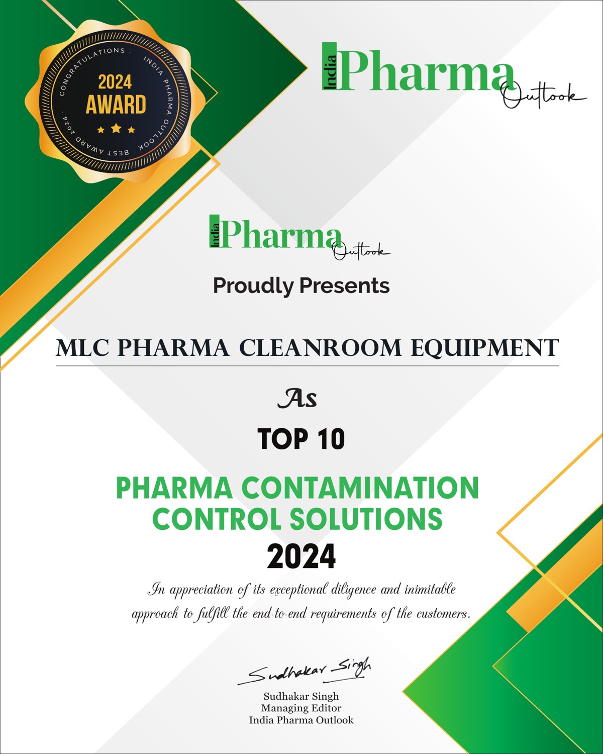 India Pharma Outlook 2024 award certificate naming MLC Pharma Cleanroom Equipment among the Top 10 Pharma Contamination Control Solutions