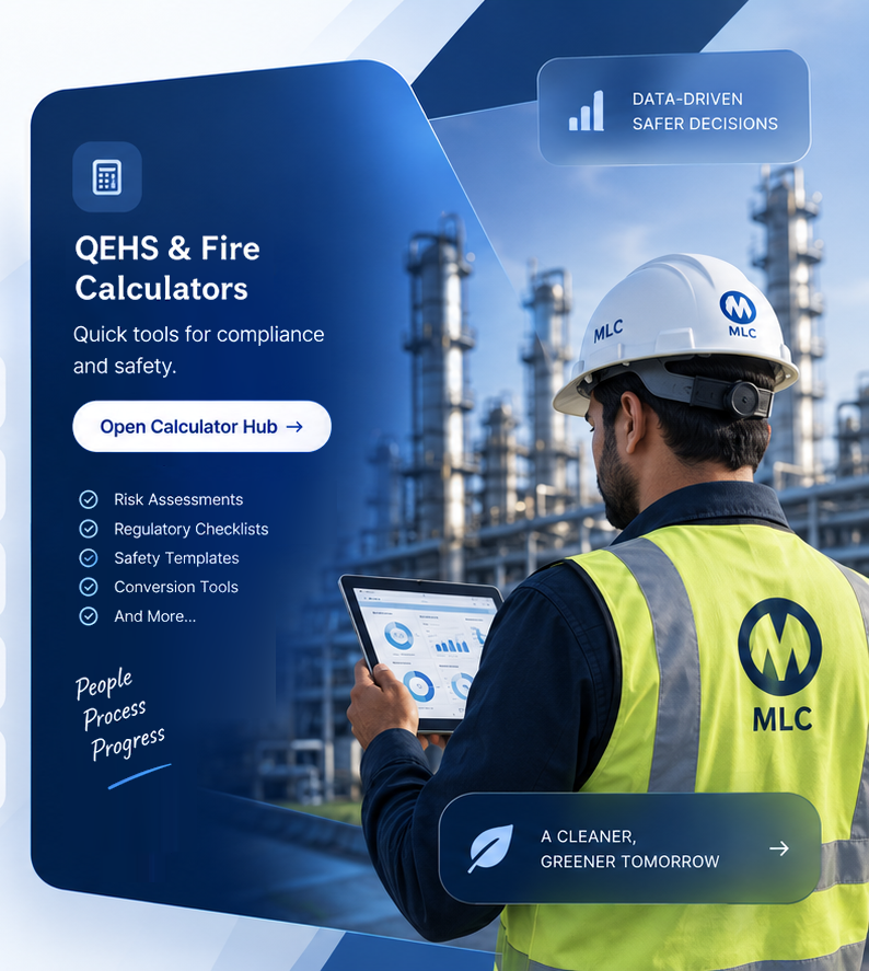 MLC QEHS and fire calculators, with a site engineer reviewing dashboards